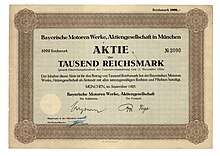 Share of the Bayerische Motoren Werke AG, issued September 1925, signated by Camillo Castiglioni as member of the supervisory board BMW 1925.jpg