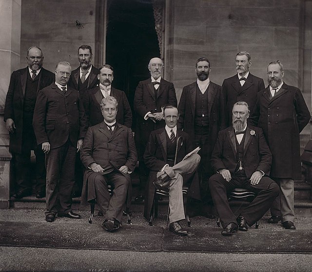 Governor-General Lord Hopetoun with first arrangement of newly appointed ministers to the Barton ministry on 1 January 1901. Sir James Dickson (fifth 