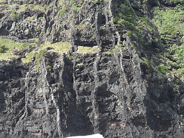 Vertical basalt dikes cutting horizontal lava flows, Lord Howe Island, Australia