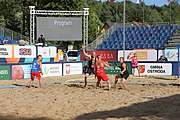 Deutsch: Beachhandball Europameisterschaften 2019 (Beach handball Euro); Tag 1: 2. Juli 2019 – Männer, Vorrunde Gruppe D, Polen-Schweden 2:1 (18:10, 15:9; 8:6) English: Beach handball Euro; Day 1: 2 July 2019 – Men Preliminary Round Group D – Poland-Sweden 2:1 (18:10, 15:9; 8:6)