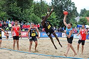 Deutsch: Beachhandball Europameisterschaften 2019 (Beach handball Euro); Tag 2: 3. Juli 2019 – Männer, Vorrunde Gruppe A, Türkei-Spanien 0:2 (16:23, 20:29) English: Beach handball Euro; Day 2: 3 July 2019 – Men Preliminary Round Group A – Turkey-Spain 0:2 (16:23, 20:29)