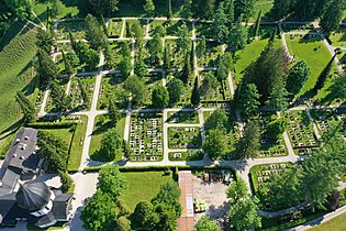 Bergfriedhof, östlicher Teil mit Eingang u. Friedhofskapelle (Draufsicht)