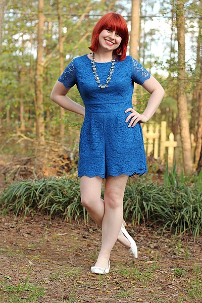 File:Blue Lace New York & Company Romper with Pointed White Bow Shoes (17996476273).jpg