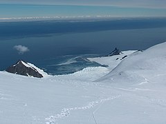 Brunow Bay from Catalunyan Saddle, Tangra Mountains, with Bransfield Strait and Antarctic Peninsula in the background.