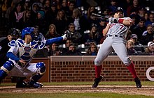 Ivan Rodriguez (right) of the Washington Nationals is brushed back by an inside pitch during a 2010 game at Wrigley Field. Brushback (4561531461).jpg