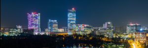 Sky Tower (center), Romania's tallest building and location of GMV in the country BucharestSkyline.png