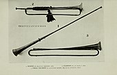 Buisine, clarion (a natural trumpet), and field trumpet, from Francis W. Galpin book "Old English instruments of music." The latter two instruments are a latter stage of the clarion.