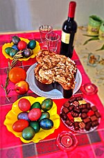 Thumbnail for File:Bulgarian Easter eggs (hand painted) with Italian Easter cake Colomba 2018.jpg