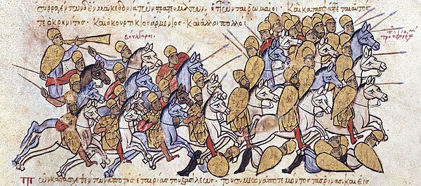 Simeon I's army defeating the Byzantines, led by Procopius Crenites and Curtacius the Armenian in Macedonia. From the Madrid Skylitzes.