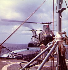 Hanson receiving or sending mail, parts or personnel via CH 46 Sea Knight helicopter in 1972 CH-46 Sea Knight over USS Hanson (DD-832) in the Gulf of Tonkin, in 1972.jpg