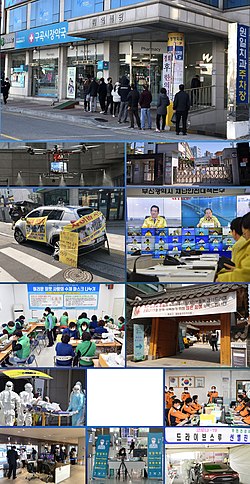 Odshora dolů, zleva doprava: Fronta před lékárnou ve Wonju, dezinfikující dron v Songnamu, uzavřená základní škola v Daegu, protestní nápisy na autě proti Sinčchondži, videohovor mezi členy jihokorejské vlády, výroba roušek v Pusanu, parlamentní volby v Jižní Koreji, přijetí pacienta s příznaky do nemocnice v Pusanu, přenosné nosiče sloužící k izolaci osob v hasičské stanici v Hoengseong-gunu , výcvik hasičů v Daegu, termální kamera u vstupu do nemocnice ve Wonju, kontrola teploty na mezinárodním letišti v Inčchonu, testování z aut v Kjongdžu.