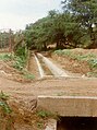 Camino rural cruzando un pequeño canal de riego