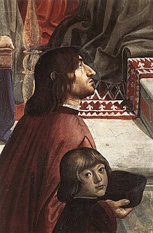 Poliziano and Giuliano de' Medici, from a fresco painted by Renaissance artist Domenico Ghirlandaio in the Sassetti Chapel, Santa Trinita, Florence