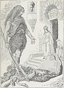 Illustration en noir et blanc d'un homme immense et d'une femme.