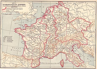 الإمبراطورية الفرنكية الكارولينجيه في ذروتها ، مع أقسامها الثلاثة الرئيسية عام 843