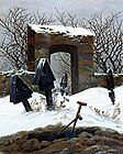 Kirkegård i sne (1826). 31 × 25 cm. Museum der bildenden Künste, Leipzig. Friedrich tegnede mindesmærker og skulpturer til mausolæer, hvilket afspejlede hans besættelse af døden og det evige liv. Han skabte også noget af kirkegårdskunsten på kirkegårdene i Dresden.[103]