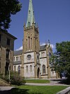 A photo of the tower of the Cathedral of the Immaculate Conception in Saint John, New Brunswick.