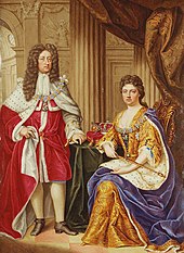 Portrait d'un homme debout vêtu de rouge et d'une femme assise vêtue d'or et de bleu ; elle tient un sceptre et une couronne est posée près d'elle