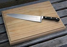 A kitchen knife on a wooden cutting board Chopping Board.jpg