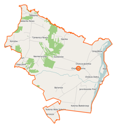 Mapa konturowa gminy Chotcza, u góry nieco na lewo znajduje się punkt z opisem „Tymienica Nowa”