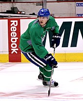 Tanev during a practice with the Canucks, March 2012 Chris Tanev Canucks practice 2012a.jpg