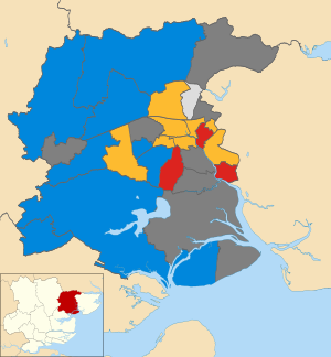 Map of the results of the 2007 Colchester council election. Conservatives in blue, Liberal Democrats in yellow, Labour in red and independents in light grey. Wards in dark grey were not contested in 2007. Colchester UK local election 2007 map.svg