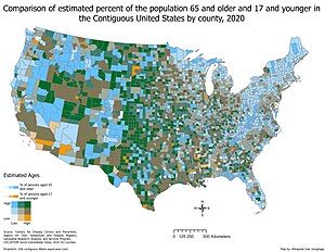 Bi-variate choropleth map comparing the estimated percent of the population 65 and older and 17 and younger in the Contiguous United States by county, 2020