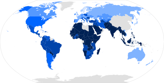 Results of a 2008/2009 Gallup poll on whether respondents said that religion was "important in [their] daily life."
.mw-parser-output .legend{page-break-inside:avoid;break-inside:avoid-column}.mw-parser-output .legend-color{display:inline-block;min-width:1.25em;height:1.25em;line-height:1.25;margin:1px 0;text-align:center;border:1px solid black;background-color:transparent;color:black}.mw-parser-output .legend-text{}
90%-100%
80%-89%
70%-79%
60%-69%
50%-59%
40%-49%
30%-39%
20%-29%
10%-19%
0%-9%
No data Countries by importance of religion.png