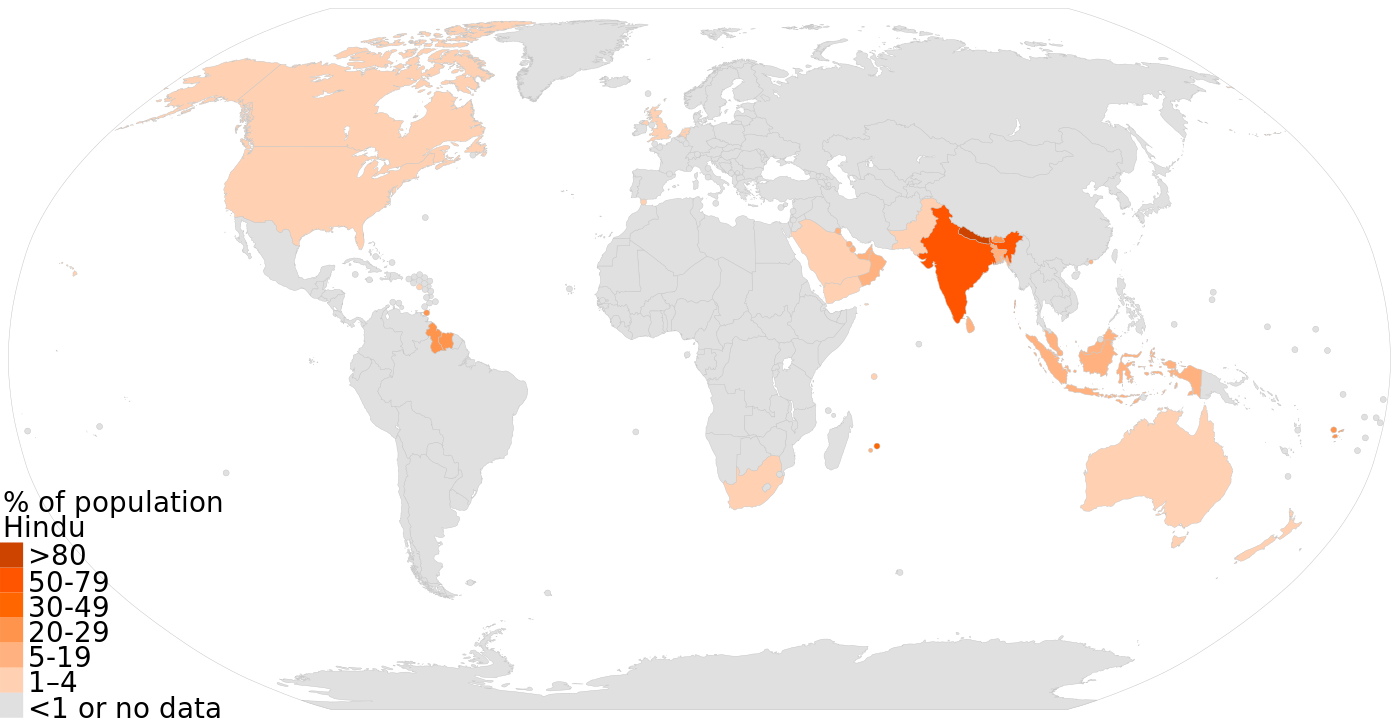 Percentage of Hindus by country[489]