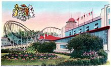 The Cyclone, next to the Crystal Ballroom, circa 1930s. Cyclone coaster and exterior Crystal Ball Room Crystal Beach Ontario postcard cropped.JPG