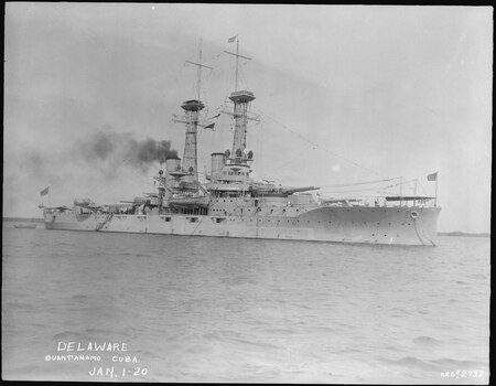 Fail:Delaware (BB28). Starboard bow, Guantanamo Bay, 01-01-1920 - NARA - 512950.tif