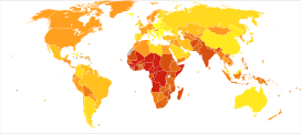 Deaths from Diarrhoeal diseases in 2012 per million persons. Statistics from WHO, grouped by deciles   0-2   3-10   11-18   19-30   31-46   47-80   81-221   222-450   451-606   607-1799 * The following groupings/assumptions were made: ** France includes the overseas departments as well as overseas collectivities. ** The United Kingdom includes the Crown dependencies as well as the overseas territories. ** The United States of America includes the insular areas. ** The Netherlands includes Aruba and the Netherlands Antilles. ** Denmark includes Greenland and the Faroe islands.