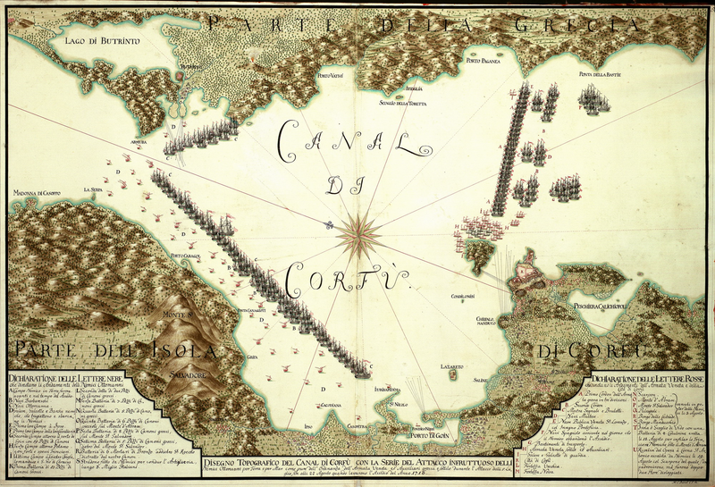 File:Disegno topografico del canal di Corfu con la serie del attacco infruttuoso dell Nemici Ottomanni , 1716.png