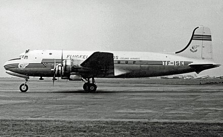 The first Flugfélag Íslands Douglas DC-4, dubbed Gullfaxi, arriving at London Heathrow Airport in June 1953