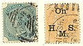 East India postage Queen Victoria stamps used in Zanzibar - Two and four annas, 1874-78.jpg