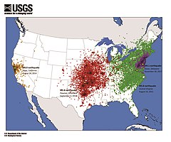 This map shows that East Coast earthquakes travel much farther than West Coast earthquakes of similar magnitude (wiki)