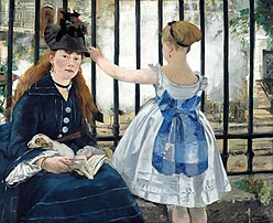 Édouard Manet, Le Chemin de fer. La toile, datant du début des années 1870 dépeint une femme (Victorine Meurent) tenant compagnie à une petite fille, devant la gare Saint-Lazare, à Paris. (définition réelle 11 359 × 9 251)