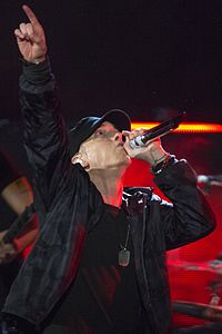 Eminem (pictured in 2014) secured four UK top 10 hits this year, including two number-ones: "The Real Slim Shady" and "Stan". Eminem - Concert for Valor in Washington, D.C. Nov. 11, 2014 (3).jpg