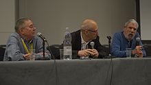 Malcolm Edwards, John Clute and Peter Nicholls discussing the early days of The Encyclopedia of Science Fiction at Loncon 3, Worldcon 2014 Encyclopedia of SF trio.jpg