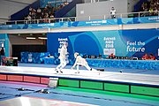 Deutsch: Fechten bei den Olympischen Jugend-Sommerspielen 2018: Tag 1, 7. Oktober 2018, Jungen, Säbel, Kampf um Bronze - Mazen Elaraby (EGY) - Robert Vidovszky (USA) 15:10 English: Fencing at the 2018 Summer Youth Olympics at 7 October 2018 – Boys' sabre Bronze medal match – Mazen Elaraby (EGY) Vs Robert Vidovszky (USA) 15:10