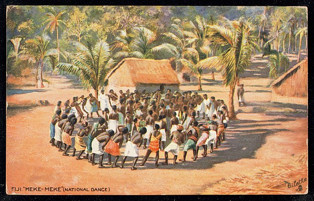 Carte postale des Fidji de 1903, avec la légende: "Meke-Meke" (Danse Nationale).