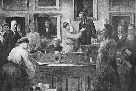 The first admission of women as fellows of the society in 1905, Emma Louisa Turner is on the far left, Lilian J. Veley is shown signing the membership book, whilst Lady Crisp receives the 'hand of Fellowship' from the president, William Abbott Herdman, behind Lilian J. Veley and standing is Constance Sladen – from a painting by James Sant (1820–1916)