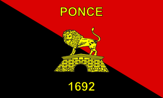 The 1692 Flag of the Municipality of Ponce, adopted in 1967, commemorates its founding Flag of Ponce (1692 version).svg