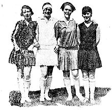 Women wearing sporting outfits, ready to play football, from the Norwegian newspaper Aftenposten, 16 June 1928. Fotballturnering 1928.JPG