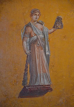 Fresco fragment depicting Melpomene (muse of tragedy), from the House of Julia Felix in Pompeii, 62-79 AD, Empire of colour. From Pompeii to Southern Gaul, Musée Saint-Raymond Toulouse (15657473614).jpg