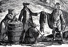 Illustration de commerçants de fourrure faisant du commerce avec un Autochtone