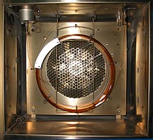 A gas chromatography oven, open to show a capillary column GC Oven inside.jpg