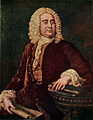 Beroemd portret van Händel, tussen 40 en 50 jaar oud, kleur, arm rustend op de armleuning van een fauteuil, naar rechts gericht