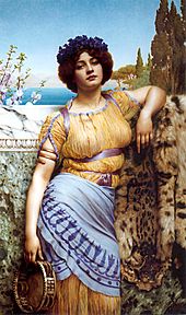 Ionian Dancing Girl (1902) by John William Godward, a companion to the same violet-wreathed figure in With Violets Wreathed and Robe of Saffron Hue, an example of classicizing myth in Victorian painting Godward Ionian Dancing Girl 1902.jpg