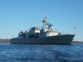 HMCS Fredericton is a Halifax-class frigate that has served in the Canadian Forces since 1994. Fredericton is the eighth ship in her class which is based on the Canadian Patrol Frigate Project. She is the second vessel to carry the name. Fredericton serves on MARLANT missions protecting Canada's sovereignty in the Atlantic Ocean and enforcing Canadian laws in its territorial sea and Exclusive Economic Zone. Fredericton has also been deployed on missions throughout the Atlantic and to the Indian Ocean; specifically the Persian Gulf and Arabian Sea on anti-terrorism operations. Fredericton has also participated in several NATO missions, patrolling the Atlantic Ocean as part of Standing Naval Force Atlantic (STANAVFORLANT) and its successor Standing NATO Response Force Maritime Group 1 (SNMG1). The frigate is assigned to Maritime Forces Atlantic (MARLANT) and is homeported at CFB Halifax.